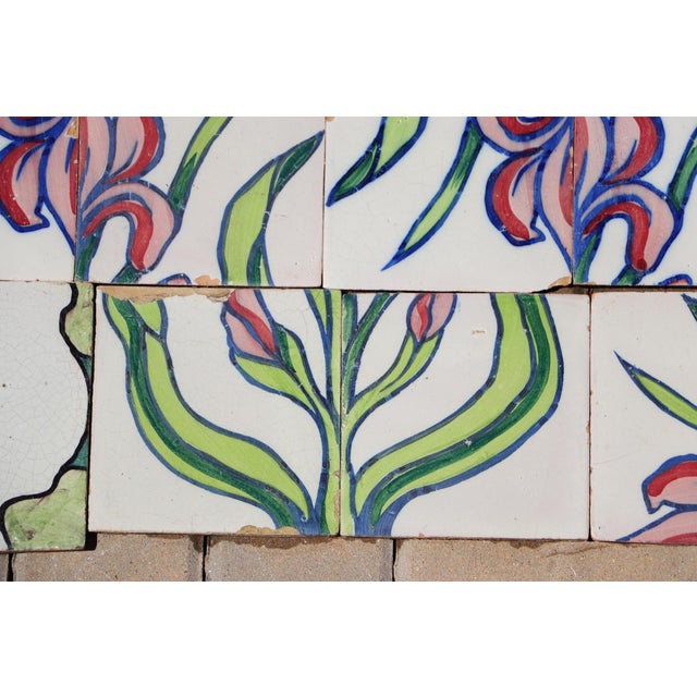 Art Nouveau 1900s Antique Portuguese Art Nouveau Assembled Group of 15 Tiles With Stylized Iris Motif For Sale - Image 3 of 14