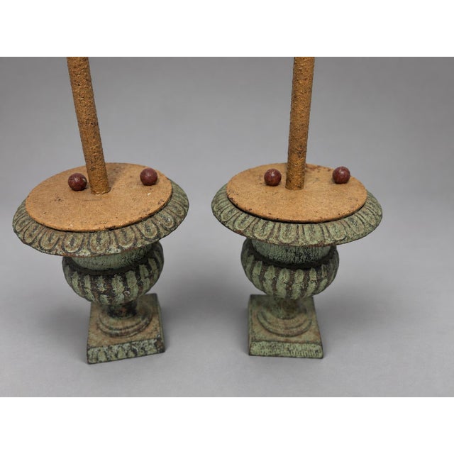 Pair of Mid-Century Painted Iron & Tole Palm Tree Candlesticks For Sale In Providence - Image 6 of 10