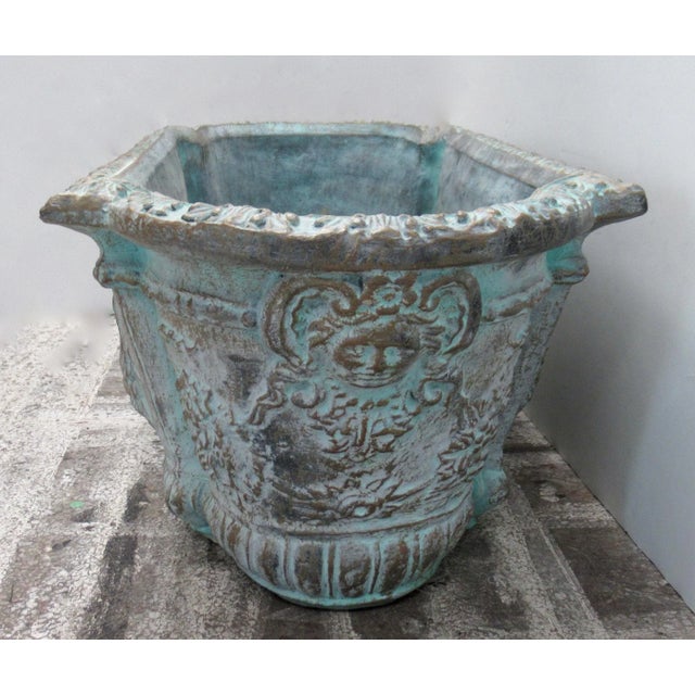 French Mediterranean-Style Tiffany Blue & Bronze Elongated Concrete Garden Planter For Sale - Image 9 of 13