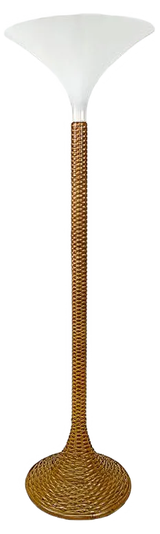 Modern Floor Lamp with Braided Rattan Base and White Witch Hat Shade, 1970s
