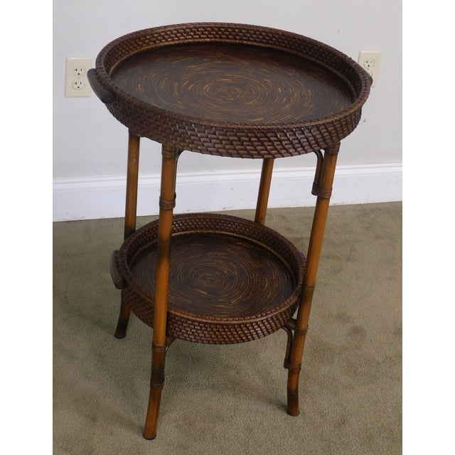 Faux Bamboo Metal & Rattan Round 2 Tier Tray Table | Chairish