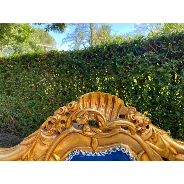 Late 20thC French Louis XVI Blue Velvet Antique Gold Beech Settee For Sale - Image 10 of 14