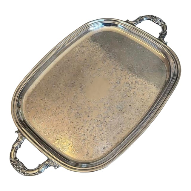 Vintage Silver Plate Large Butler's Buffet Tray With Handles and Feet For Sale