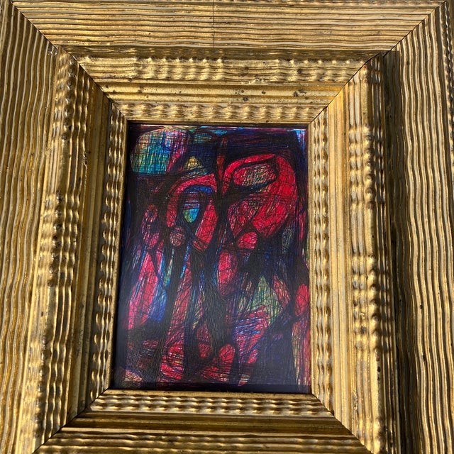 Original 5 x 7 painting/ink drawing on paper unsigned Overall size with new old stock heavy distressed & cracked gilt wood...
