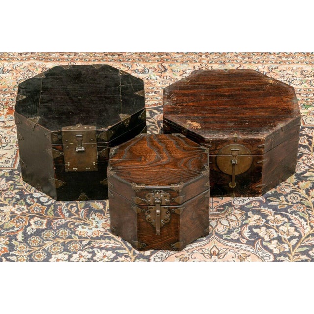 Brass Early 20th Century Lift Top Asian Stacking Storage Boxes With Brass Fittings - Set of 3 For Sale - Image 8 of 11
