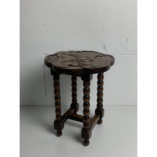 Mid-Century Modern Mid-Century French Carved Oak Side Table with Lotus Motif, 1950s For Sale - Image 3 of 18