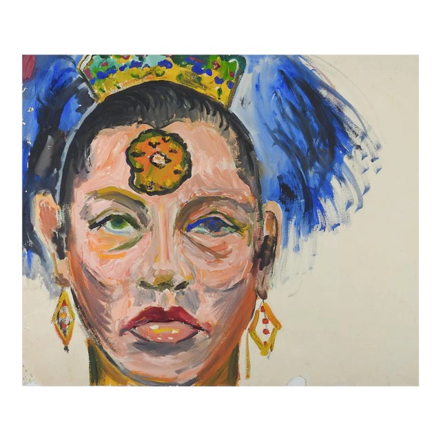 Vintage 1950's Woman in Bold Headdress Portrait Painting For Sale