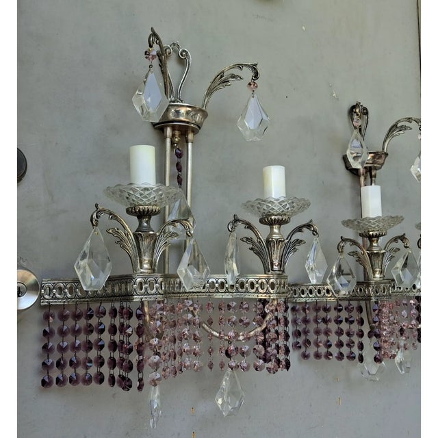 1940's Hollywood Regency Silvered Metal With Amethyst & Pink Cut Austrian Crystal Waterfall Wall Sconces a - Pair For Sale - Image 14 of 18