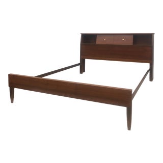 Mid Century Modern Full/Double Storage Bed Frame With Brass Accents For Sale