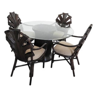 Vintage Philippine Rattan & Glass 5-Piece Dining Set With Sculptural Palm Frond Details For Sale