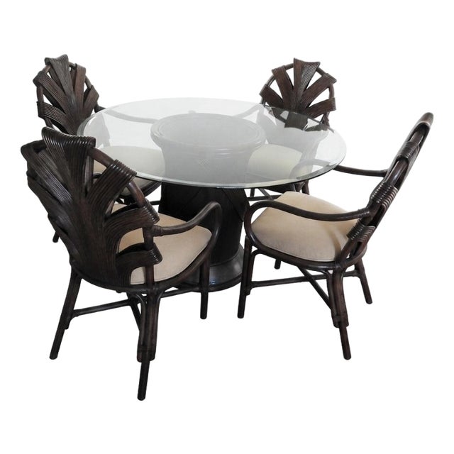 Vintage Philippine Rattan & Glass 5-Piece Dining Set With Sculptural Palm Frond Details For Sale