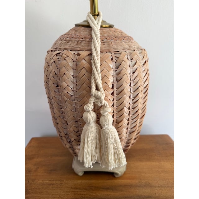 Gabriella Crespi 1980s Coastal Wicker Basket Lamp With Tassel For Sale - Image 4 of 9