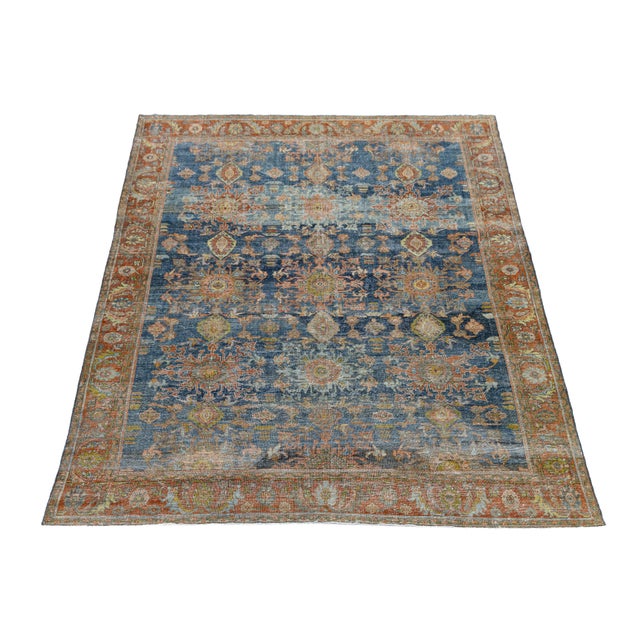 1900 - 1909 Antique Mahal Rug With Distressed Indigo Blue and Terracotta Field For Sale - Image 5 of 11