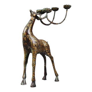 Late 19th Century Gilt Bronze Deer Candelabra With Inscriptions, 2300g, Archaic Motifs For Sale