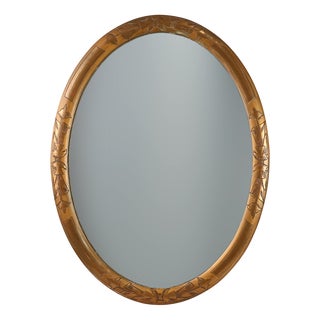 Art Deco French Oval Gilded Mirror in Carved Wood, 1920s For Sale