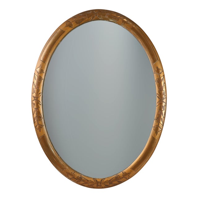 Art Deco French Oval Gilded Mirror in Carved Wood, 1920s For Sale