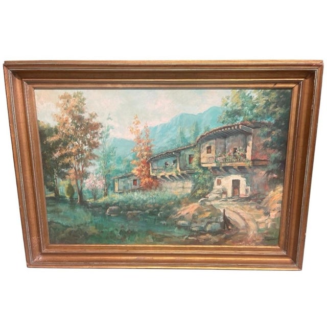 This captivating oil painting captures a serene and timeless rural landscape nestled against a towering mountain backdrop....