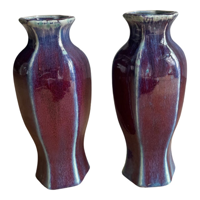 Pair of Large 13.5" Hexagonal John Shedd Studio Pottery Vases - Oxblood & Turquoise Flambé For Sale