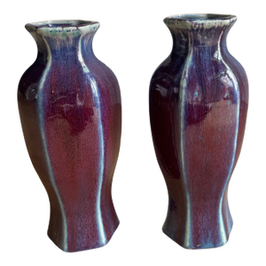 Pair of Large 13.5" Hexagonal John Shedd Studio Pottery Vases - Oxblood & Turquoise Flambé