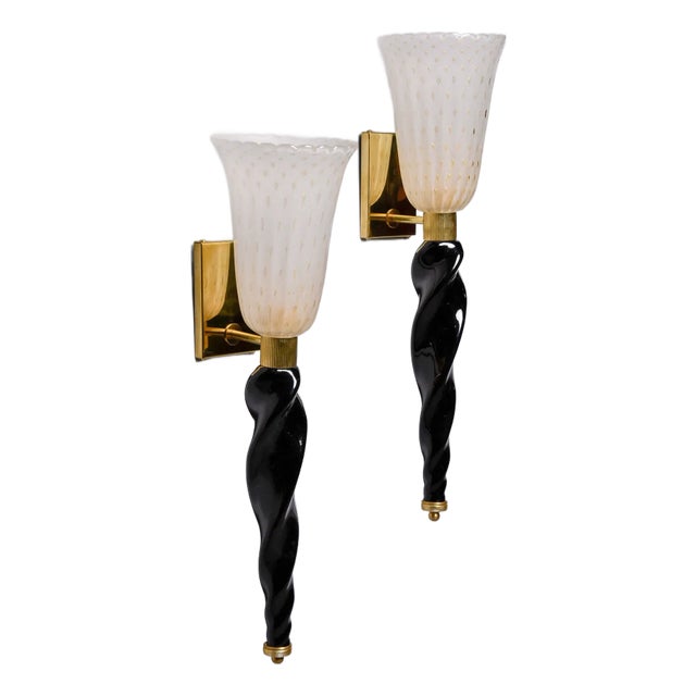 Pair Large Murano Torchiere Sconces With Black Glass Base For Sale