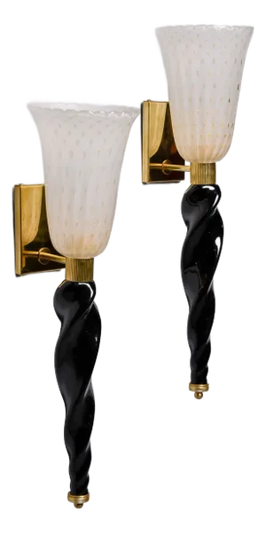Pair Large Murano Torchiere Sconces With Black Glass Base