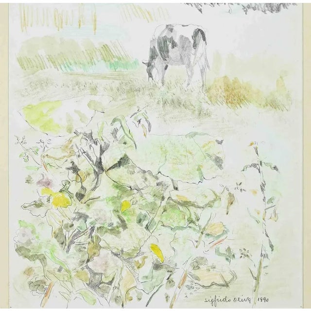 Pencil, pastel and watercolor drawing realized by Sigfrido Oliva in 1990. Hand signed. Includes a contemporary wooden...