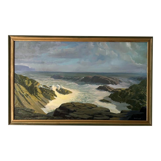 Large Vintage Realistic Framed Seascape Oil Painting on Canvas Signed Lockwood For Sale