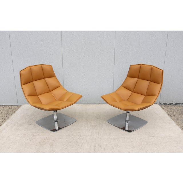 Mid-Century Modern Modern Contemporary Knoll Jehs+Laub Swivel Lounge Chairs in Tan Leather - A Pair For Sale - Image 3 of 18