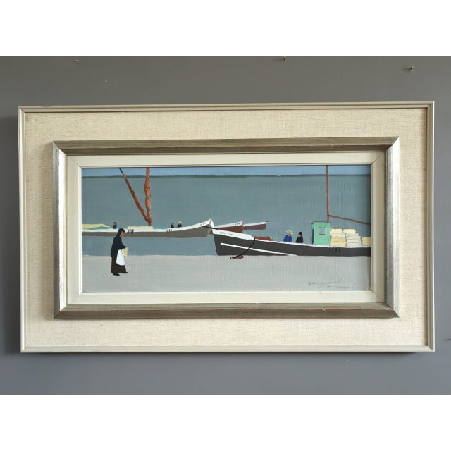 STILL WATERS, QUIET SHORE Size: 16.5 x 27.6 inches (including frame) Oil on canvas A mid-century modernist painting of a...