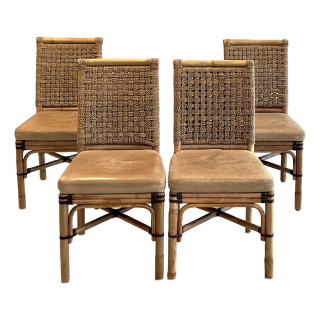 Vintage Coastal Style Rattan & Rawhide Dining Chairs by Palecek - Set of 4 For Sale