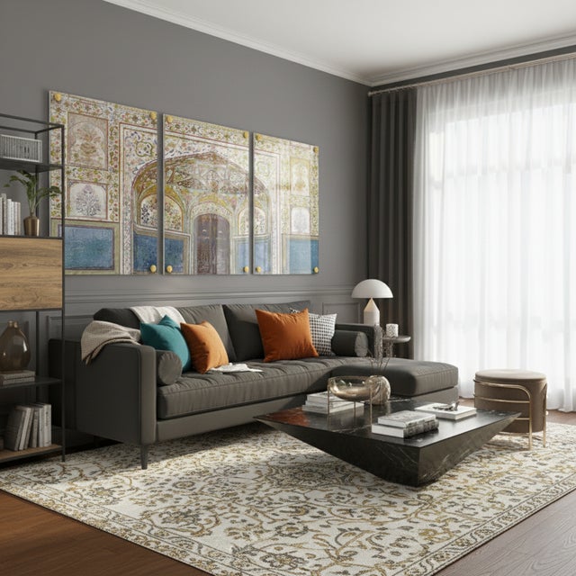 Modern Rajasthan Palace Acrylic Triptych – Set of 3 Modern Wall Art Panels, 96x48" Overall (32x48" Each) For Sale - Image 3 of 5