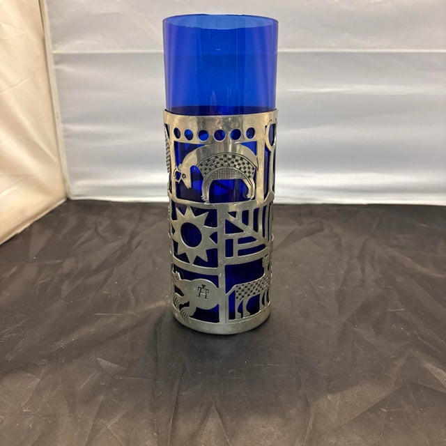 1990s Kachina Candle Holder Cobalt Blue Glass Vase Universal Pewter Hurricane Wrap For Sale - Image 5 of 10