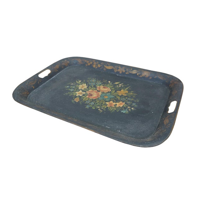 Victorian Antique Rectangular Painted Floral Toleware Tray Serving Platter With Handles For Sale - Image 3 of 12