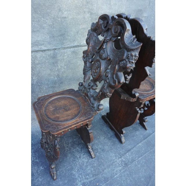 Chocolate Early 20th Century European Gothic Carved Wood Chairs, Set of Two For Sale - Image 8 of 9