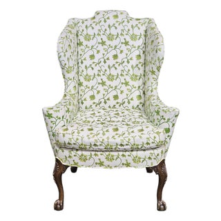 Early 20th Century Chippendale Mahogany Wing Chair Carved Ball & Claw Feet Needpoint Fabric For Sale