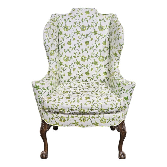 Early 20th Century Chippendale Mahogany Wing Chair Carved Ball & Claw Feet Needpoint Fabric For Sale