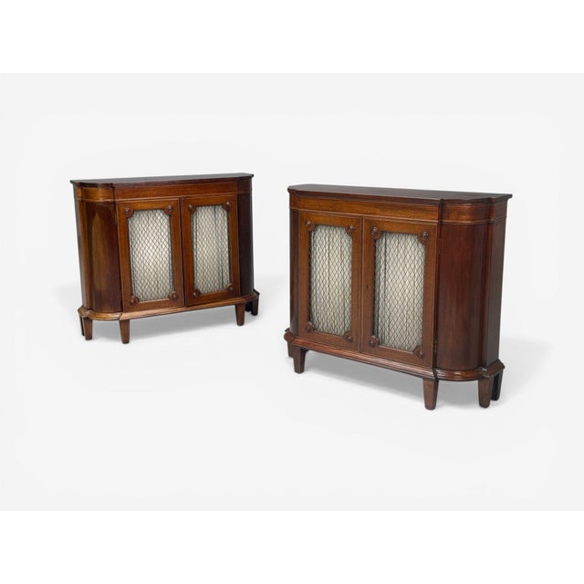 English Regency, Demilune Cabinets, Mahogany, Brass, Fabric, England, 20th C. For Sale - Image 4 of 14
