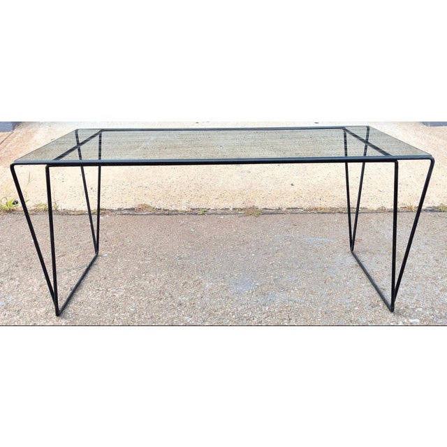 Mid Century Modern Metal And Glass Top Coffee Table Sauze Style. Fabulous black metal rectangle table, elegant base with...