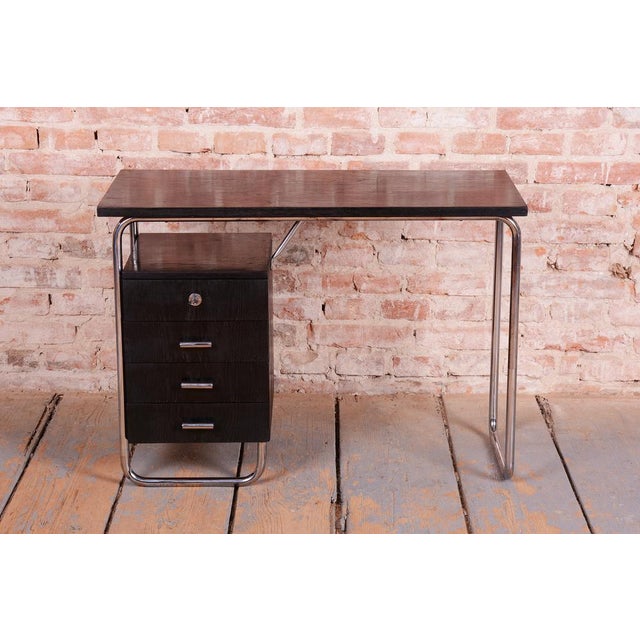 Bauhaus Writing Desk in Oak and Chromed Steel by Robert Slezák, Czech, 1930s For Sale - Image 6 of 16