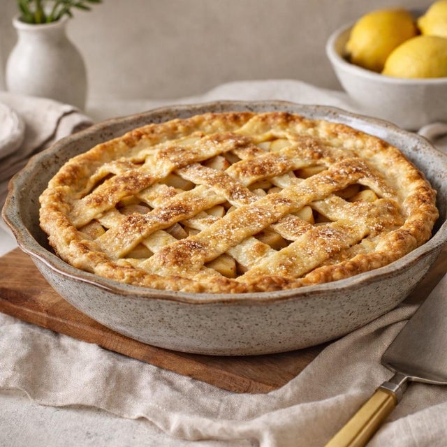 A beautifully handcrafted studio pottery pie dish featuring a softly scalloped rim and a delicate cobalt blue floral motif...