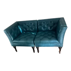 Contemporary Teal Leather Corner Chairs- Pair