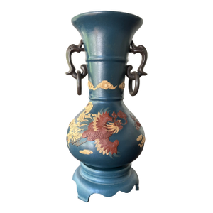 Large Antique Yixing Zisha Clay Handled Vase With Imperial Dragon & Phoenix on Stand
