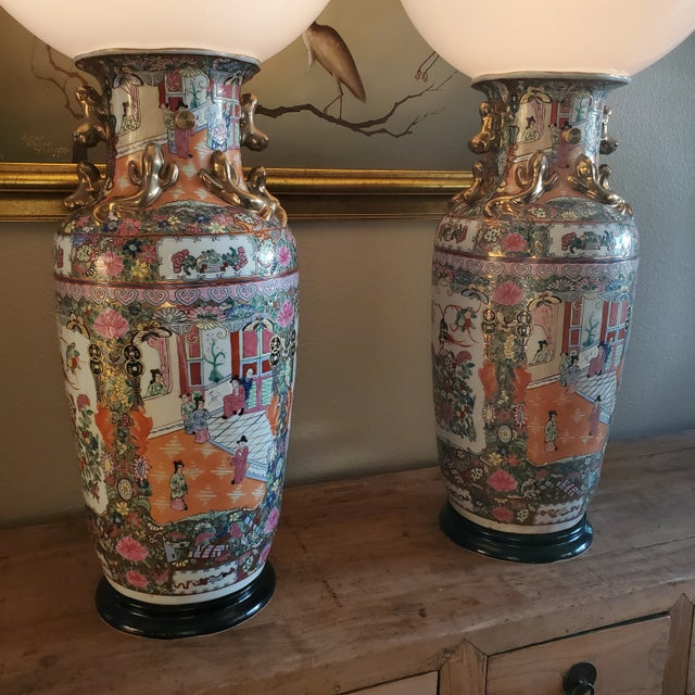 Pair of Large Table Lamps Rose Medallion 19th Century Porcelain Palace Vases Custom Made Globe Lamps For Sale - Image 12 of 12
