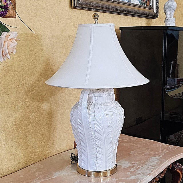 White Vintage Paul Hanson Style White Ceramic Urn Table Lamp With Raised Botanical Relief Design For Sale - Image 8 of 18