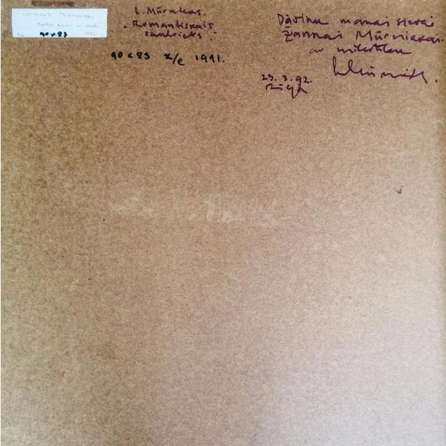 Romantic sunset, 1991, oil on cardboard, 90x83 cm the artwork depicts a serene and romantic scene of a sunset, red...