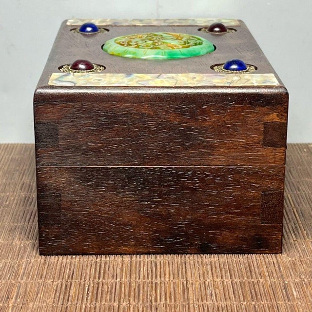 Wood Vintage Rosewood Jewelry Box With Abalone Shell & Jade Inlay | Chinoiserie Trinket Box For Sale - Image 7 of 9