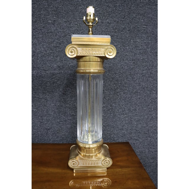 Transparent Neoclassical Style Pair of Design Guild Brass & Glass Column Lamps For Sale - Image 8 of 16