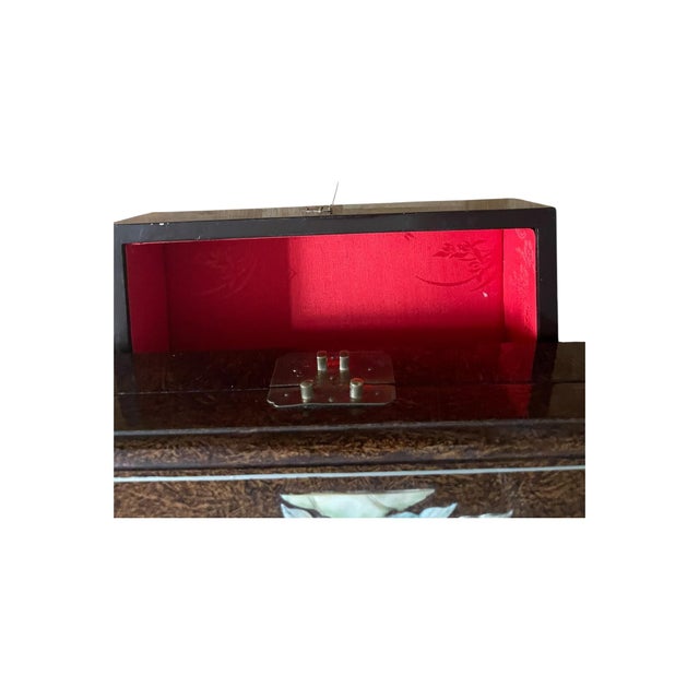 Vintage Midcentury Chinoiserie Brown Lacquer Shell Inlay Jewelry Box Cabinet For Sale - Image 13 of 15