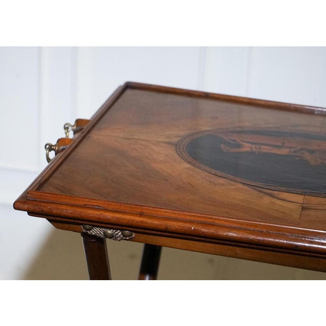 Victorian Double Sided Serving Tray on Bamboo Stand Brass Handles Marquetry Top For Sale - Image 14 of 18