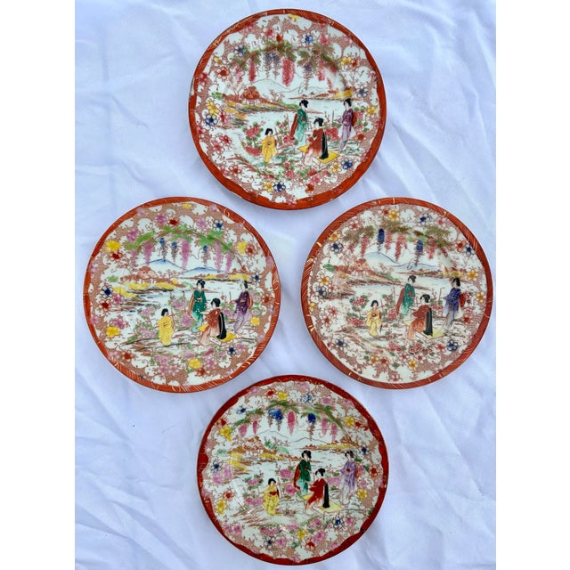 White 1920’s Antique Japanese Chinoiserie Hand Painted Traditional Geisha Girl & Pagoda Plates & Small Bowls - A 26 Piece Set For Sale - Image 8 of 12
